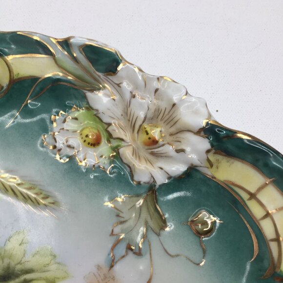 Vintage 10" Prussia Decorative Turquoise Floral Ceramic Plate Hanging White Pink - Picture 5 of 7